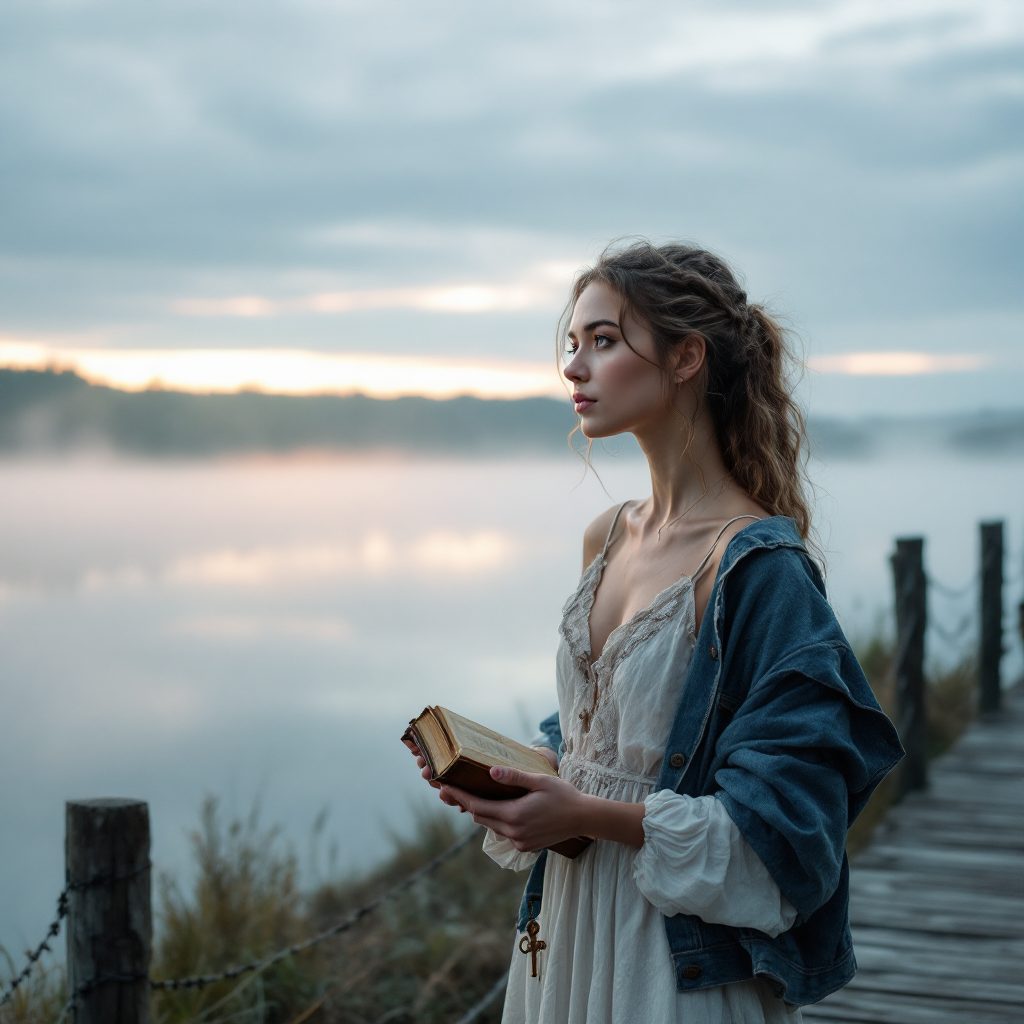 A contemplative young woman stands on a wooden pier by a misty lake at dawn, holding a book, embodying the idea that the past reveals answers for the future.