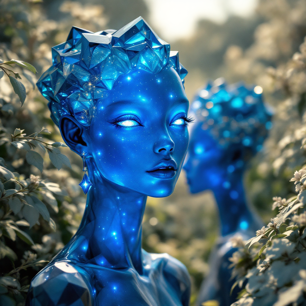 A mesmerizing blue-skinned figure with a crystal-like crown stands amidst lush greenery, embodying the quote, The world is full of monsters with friendly faces.