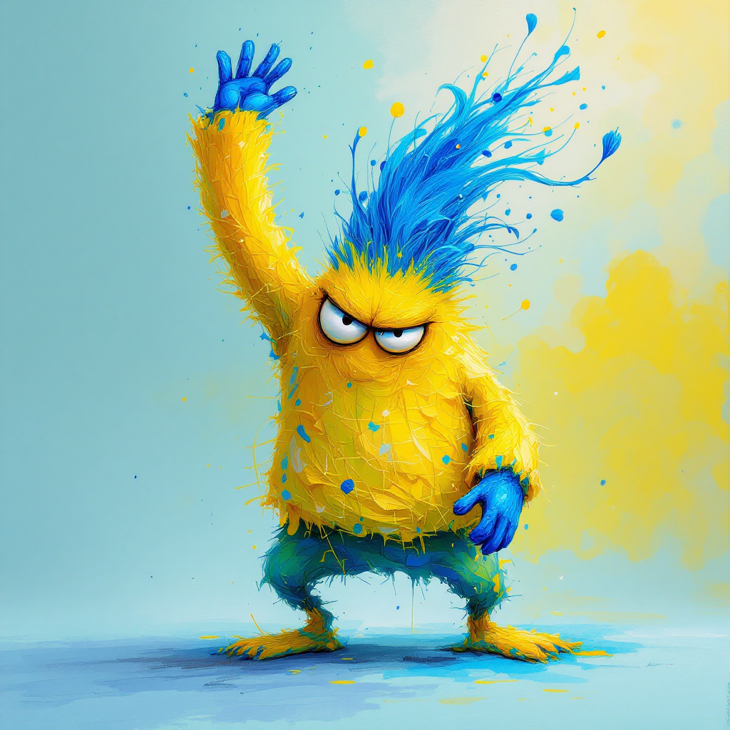 A vibrant, fluffy creature with bright yellow fur and striking blue hair raises one arm. Its expressive eyes convey a mix of mischief and determination against a soft blue background.