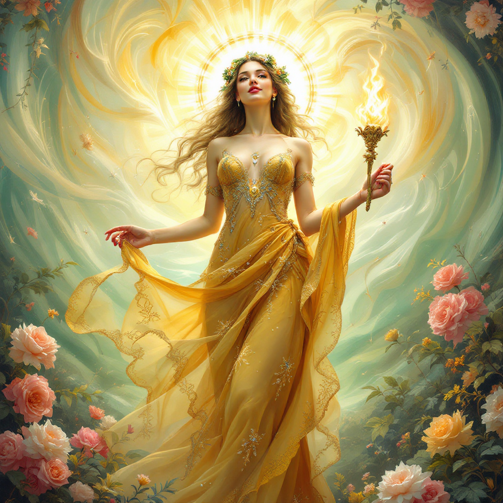 A radiant figure in a flowing golden gown holds a torch, surrounded by vibrant roses and a luminous aura, embodying perseverance and the rewards of not giving up.