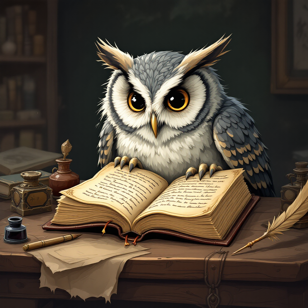 A wise owl perches on an open book, surrounded by quills and inkwells, symbolizing the effort of ignoring versus the depths of understanding in a scholarly setting.