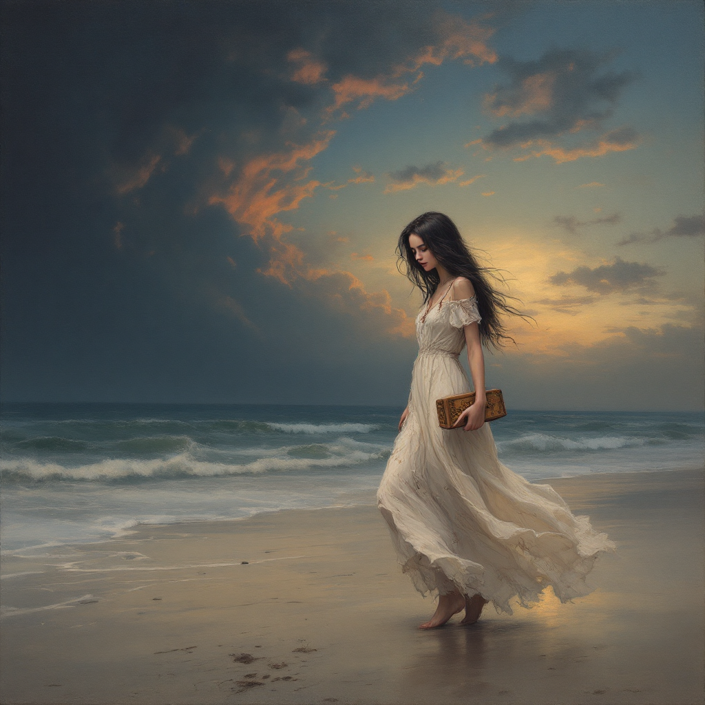 A woman in a flowing white dress walks along a serene beach at sunset, holding a book, embodying the idea that every piece of art tells a story, even if incomplete.