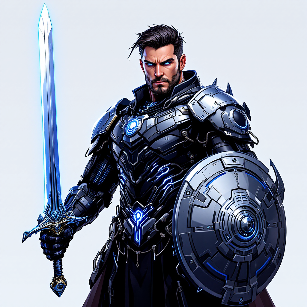 A heroic figure in futuristic armor, wielding a glowing blue sword and a circular shield, embodies the essence of leadership over soldiers, suggesting strength and authority.