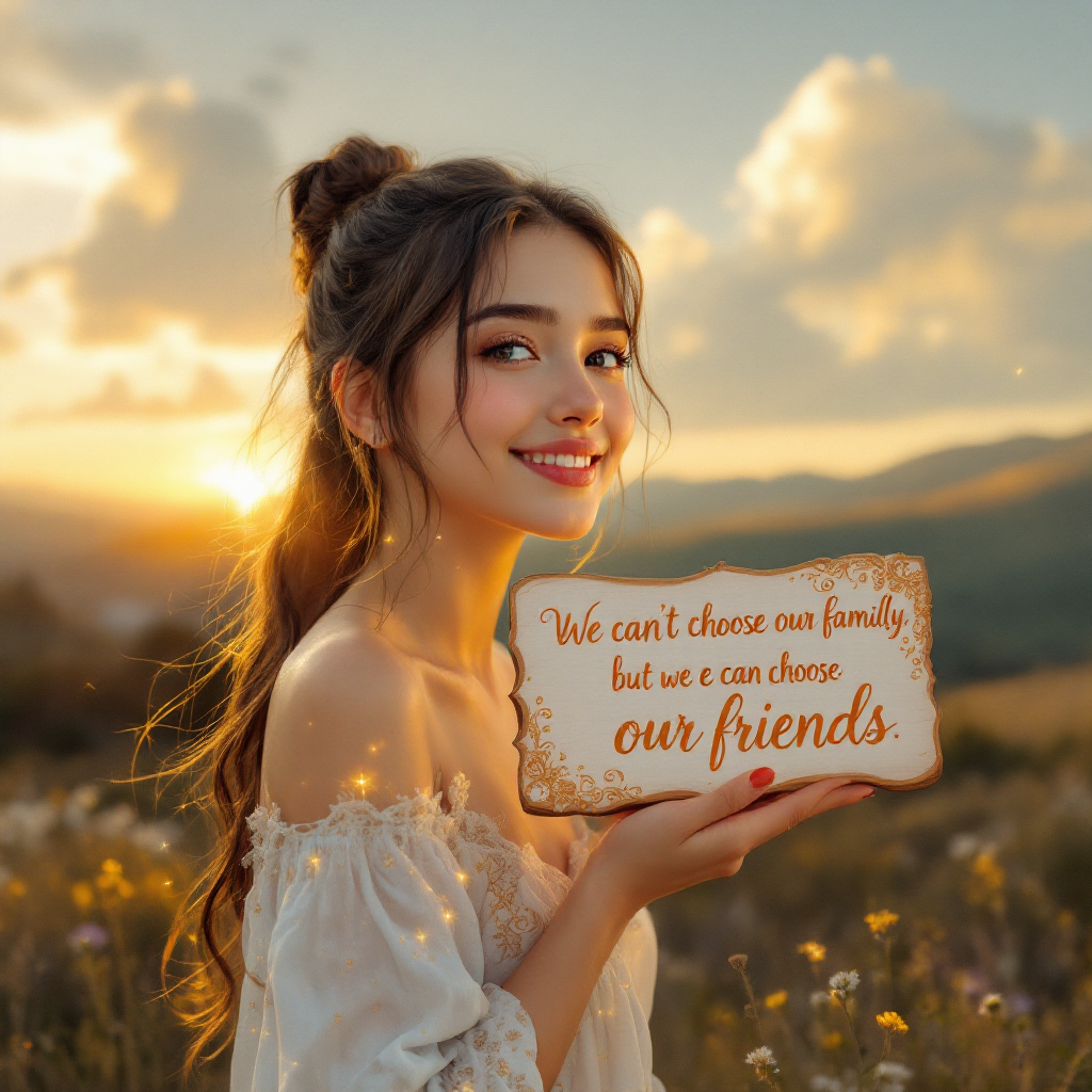 A young woman smiles warmly while holding a decorative sign that reads, We can’t choose our family, but we can choose our friends, set against a beautiful sunset in a field.