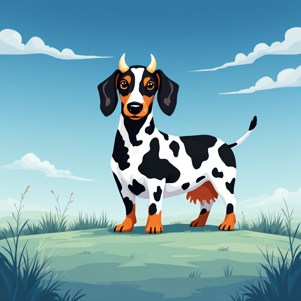 A whimsical illustration of a black and white spotted dog standing on a grassy hill, sporting small horns, embodying the idea of breaking the rules with playful defiance.