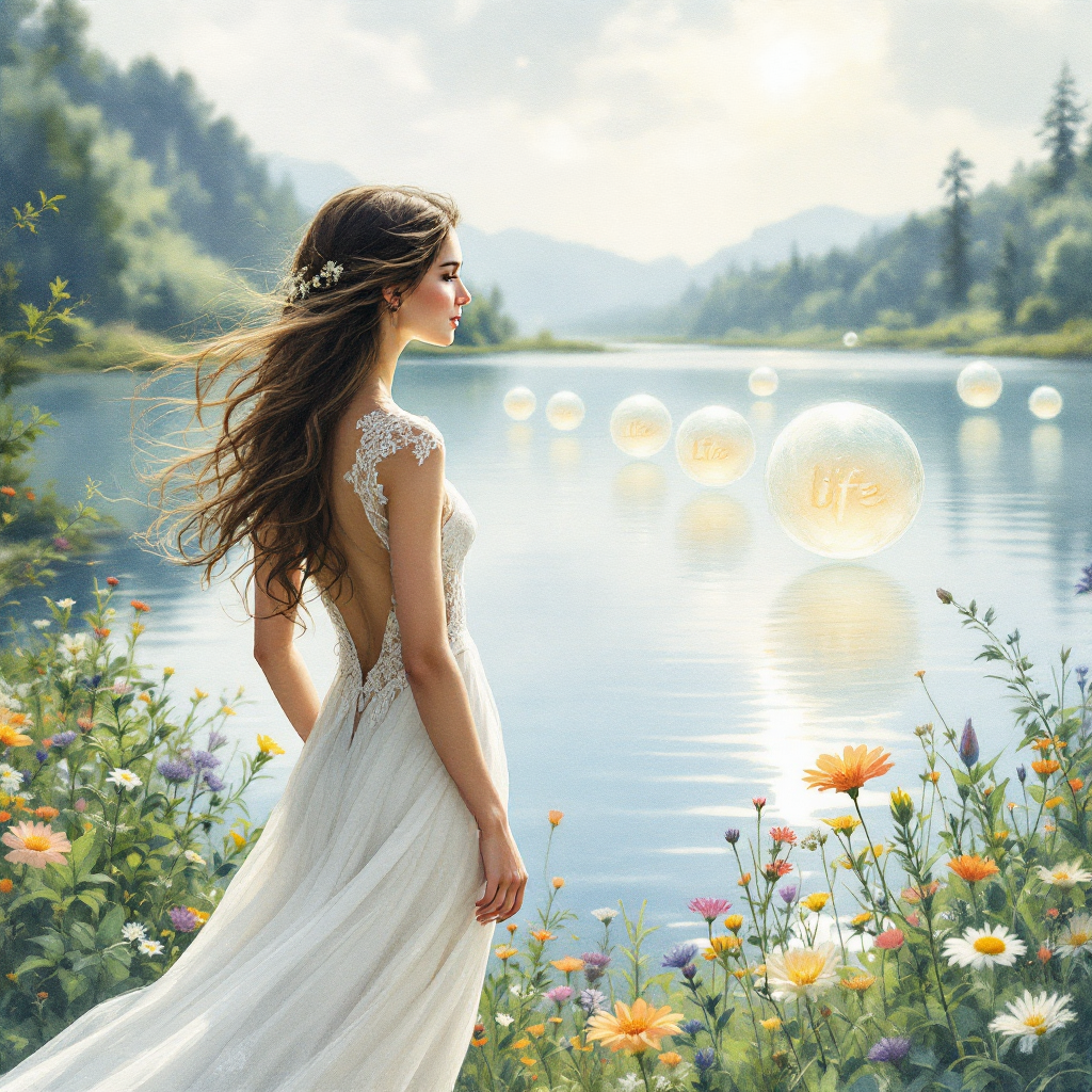 A serene scene shows a woman in a flowing white dress by a tranquil lake, surrounded by vibrant flowers and ethereal orbs that embody the quote about life's connections.