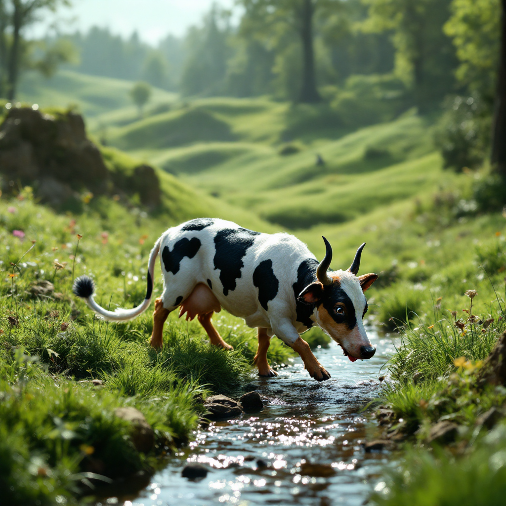 A black and white cow wanders through a gentle stream in a lush green landscape, embodying the harmony between the creator's dreams and the canvas of nature.