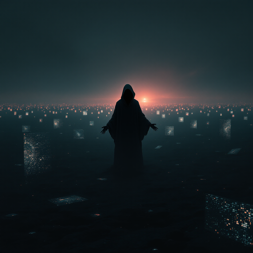 A hooded figure stands in a dark, misty landscape, surrounded by glowing panels, symbolizing the interplay between blindness, light, understanding, and wisdom at dawn.