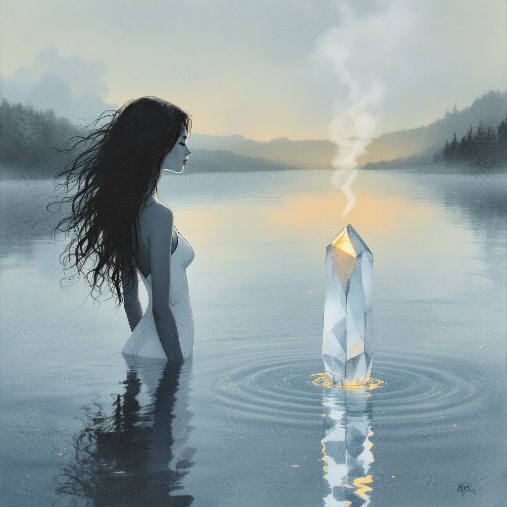 A serene scene of a woman in water, gazing at a glowing crystal. Mist swirls around her, reflecting the theme of emotional scars and inner depth from the quote.