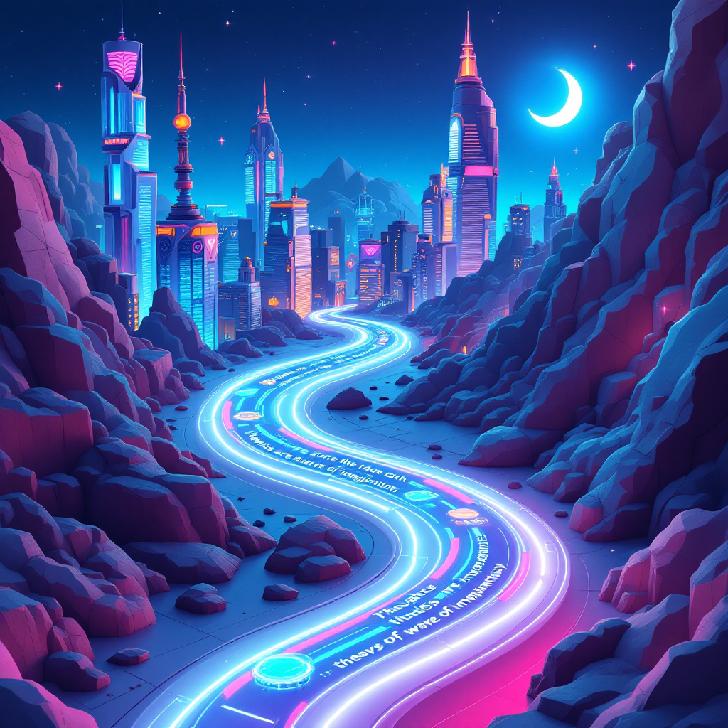 A vibrant, futuristic cityscape at night features a winding, illuminated path resembling flowing words, symbolizing the journey of thoughts and ideas. Mountains frame the scene under a crescent moon.