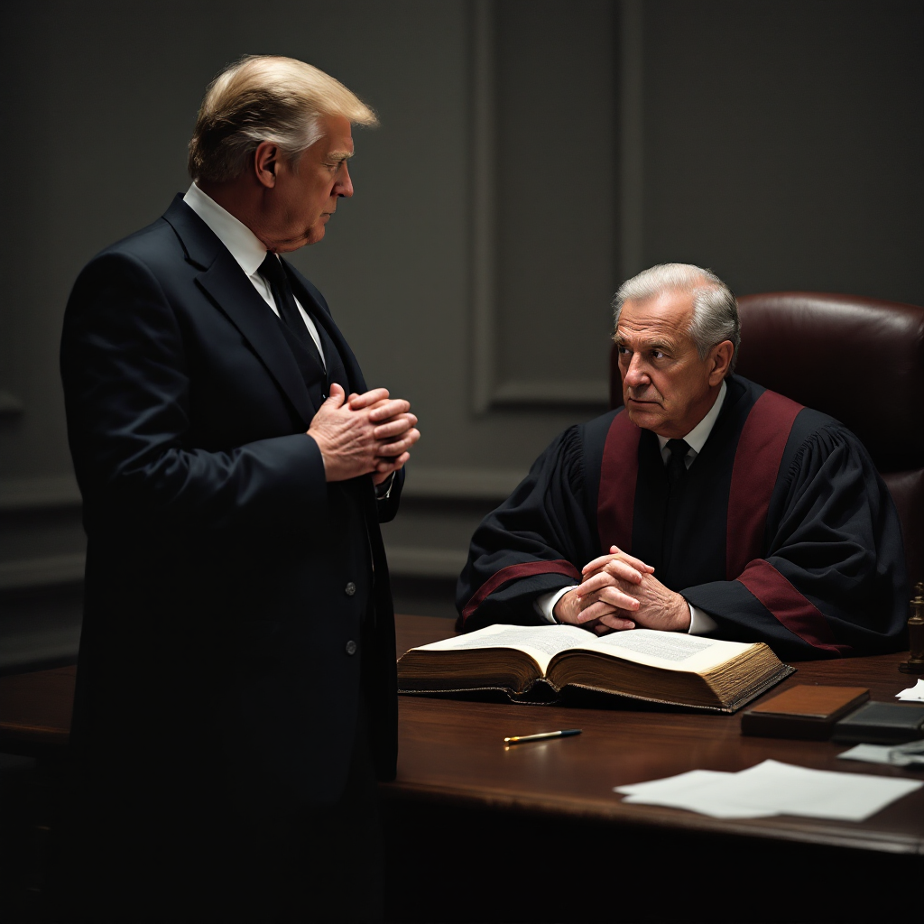 A lawyer stands before a judge in a dimly lit courtroom, emphasizing the quote: A good lawyer knows the law; a great lawyer knows the judge, with an open law book on the desk.