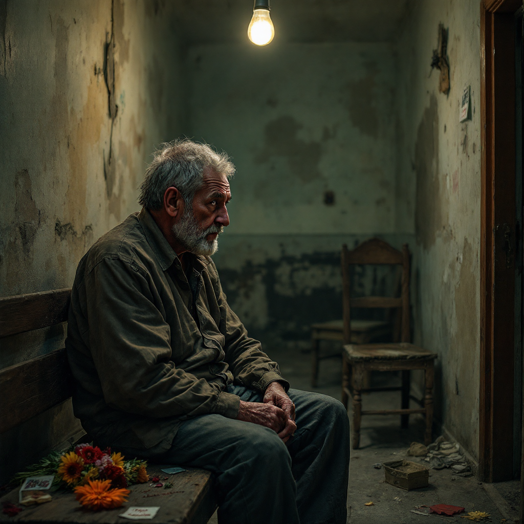 An elderly man sits alone on a wooden bench in a dimly lit, rundown room, surrounded by empty chairs and wilted flowers, reflecting the longing for companionship expressed in the quote.