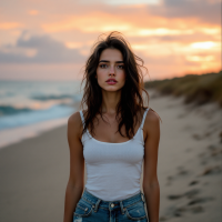 A young woman stands on a beach at sunset, gazing thoughtfully into the distance, embodying the poignant reflection on self-worth and the fear of not being enough.