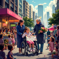 A young girl in a wheelchair holds a sign while two women assist her in a vibrant street scene, embodying the quote about caring for civilization's vulnerable members.