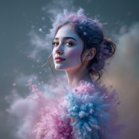 A serene portrait of a young woman surrounded by vibrant clouds of pink and blue dust, symbolizing the potential within us all, echoing the quote about our shared origins.