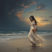 A woman in a flowing white dress walks along a serene beach at sunset, holding a book, embodying the idea that every piece of art tells a story, even if incomplete.