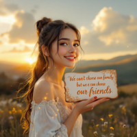 A young woman smiles warmly while holding a decorative sign that reads, We can’t choose our family, but we can choose our friends, set against a beautiful sunset in a field.