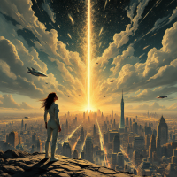 A figure stands on a cliff, gazing at a radiant beam of light shooting through clouds above a sprawling urban landscape, evoking themes of fate and destiny.