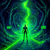 A figure stands at a fork in a vivid green forest, illuminated by a glowing path with signs reading Success and Failure, symbolizing the conflict of decisions and possible outcomes.