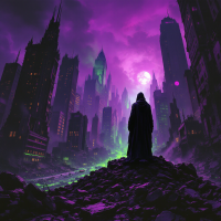 A cloaked figure stands on a rubble-strewn hill, overlooking a dark, sprawling cityscape bathed in purple and green light, embodying the collective fate over individual destinies.