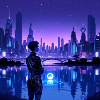 A figure stands by a tranquil river, gazing at a vibrant city skyline under a starry purple sky. An orb of light glows in the water, embodying the idea that destiny finds a way.