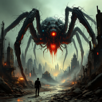 A lone figure stands in a desolate cityscape, facing a massive, menacing spider-like creature, embodying the tension between fear and personal growth.