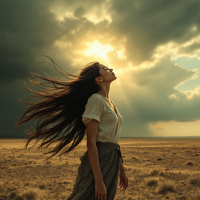 A woman stands in a vast, open landscape, her hair flowing in the wind as sunlight breaks through dark clouds, embodying the essence of acceptance and self-discovery.