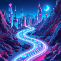 A vibrant, futuristic cityscape at night features a winding, illuminated path resembling flowing words, symbolizing the journey of thoughts and ideas. Mountains frame the scene under a crescent moon.