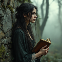 A young woman with long, dark hair stands against a moss-covered stone wall in a foggy forest, holding an old book, reflecting on her surroundings and identity.