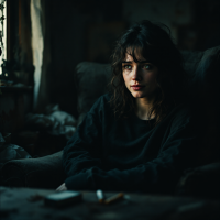 A somber young woman sits in a dimly lit room, gazing contemplatively. The atmosphere reflects a sense of isolation, evoking the quote about driving others crazy.