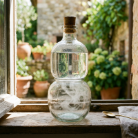 A glass bottle with two chambers: vapor swirling in the bottom and water filling the top, set on a windowsill with a garden background.