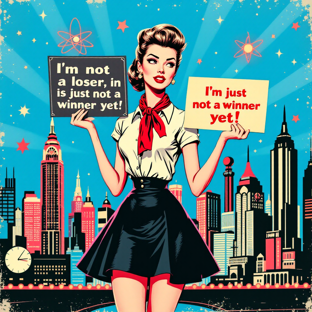 A confident woman in a retro style holds two signs that read, I'm not a loser, I'm just not a winner yet! against a colorful skyline backdrop, embodying resilience and determination.