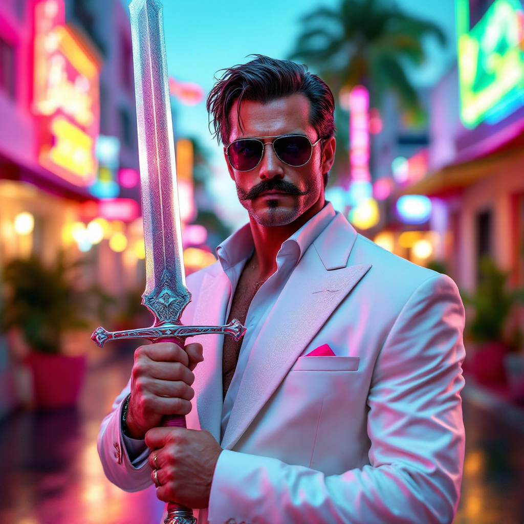 A sharply dressed man in a white suit, sporting sunglasses and a mustache, confidently holds a gleaming sword, embodying the quote, The man who passes the sentence should swing the sword.