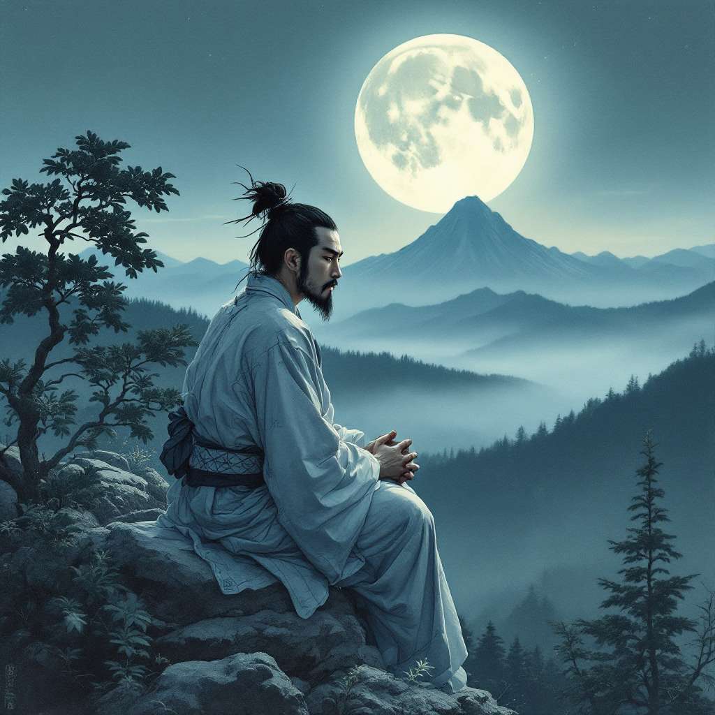 A serene figure in traditional attire sits on a rocky ledge, overlooking misty mountains under a full moon, embodying clarity of thought and presence.