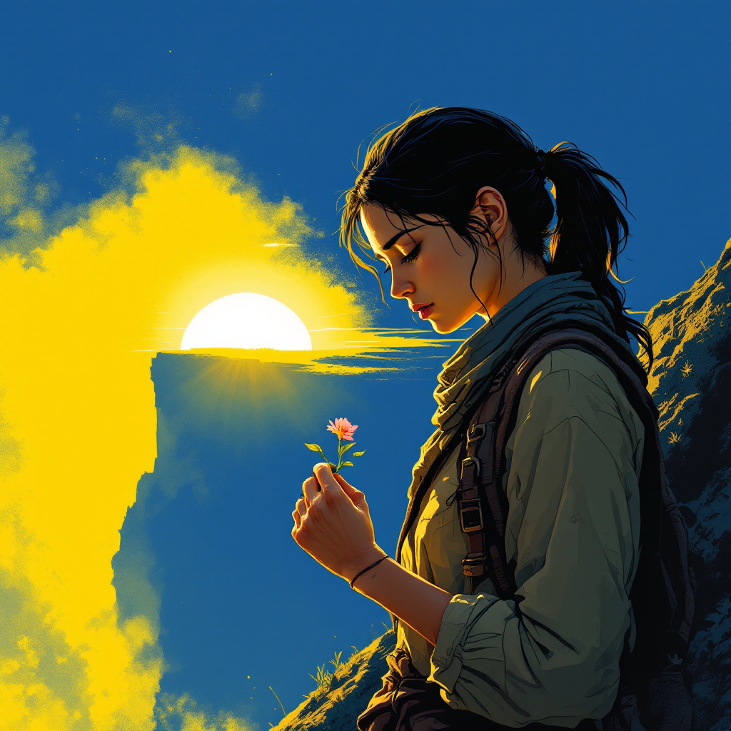 A woman stands on a rocky ledge, holding a pink rose, gazing at a vibrant sunrise. The scene evokes themes of survival and finding purpose in life.