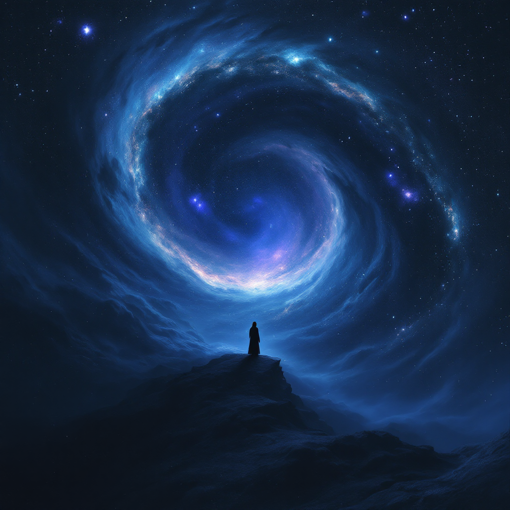 A solitary figure stands on a dark mountaintop, gazing up at a swirling galaxy of stars and vibrant colors, embodying the quote's theme of isolation and despair in a vast universe.