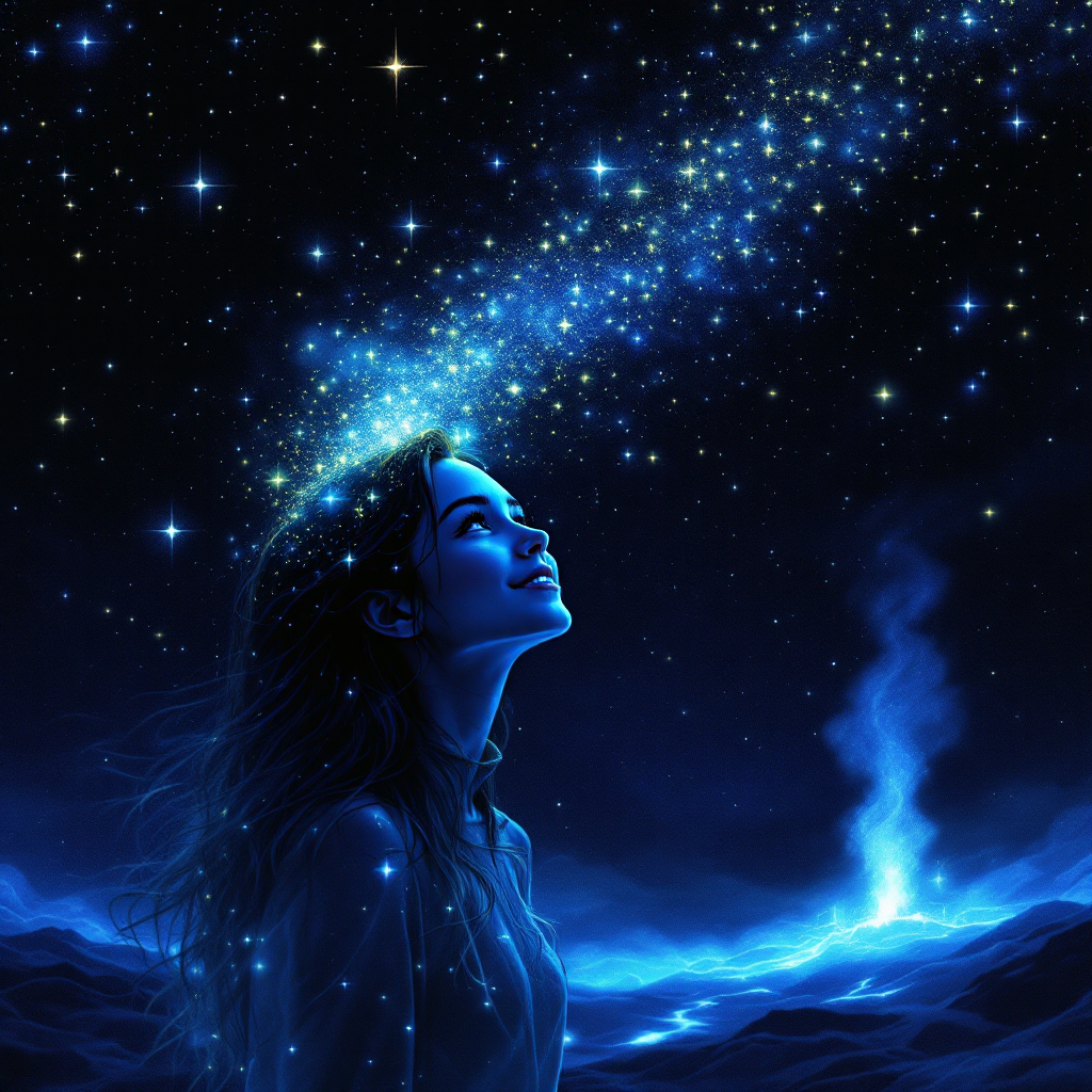 A woman gazes upward in a starry night sky, where shimmering stars flow from her mind, embodying the quote about dreams making life interesting.