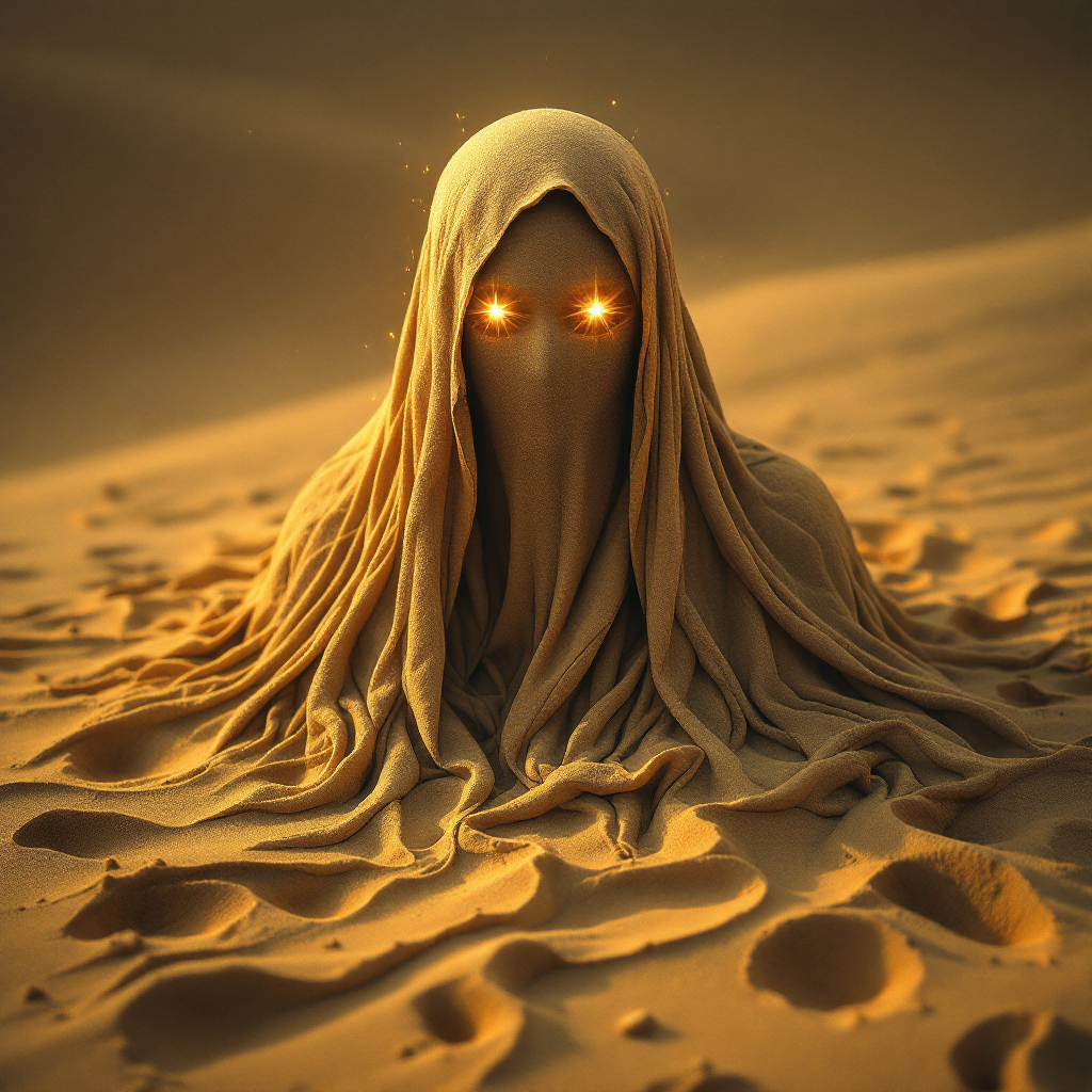 A cloaked figure emerges from golden sands, glowing eyes piercing through the fabric, symbolizing the shedding of masks as true selves are revealed.