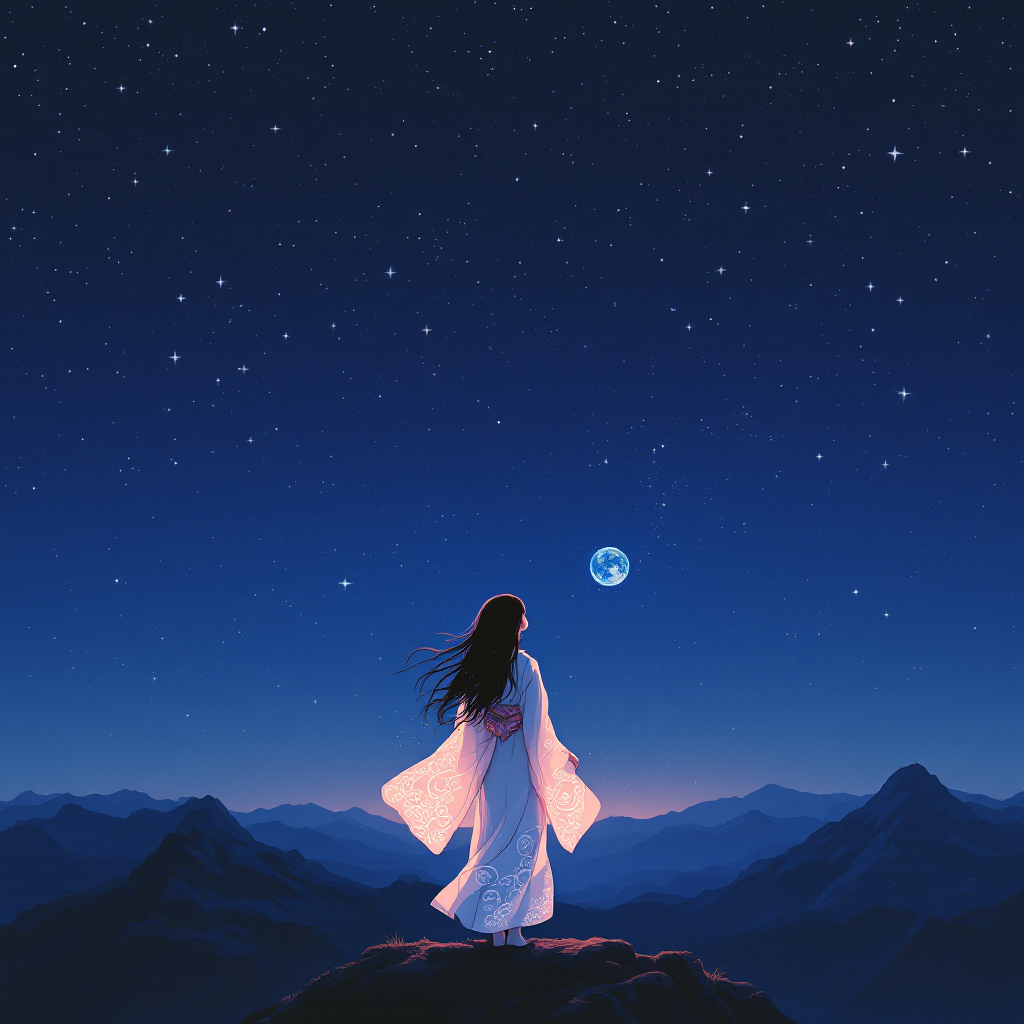 A figure in a flowing white garment stands on a mountain peak, gazing up at a starry sky with a glowing Earth visible, embodying the quote about being made of stardust.