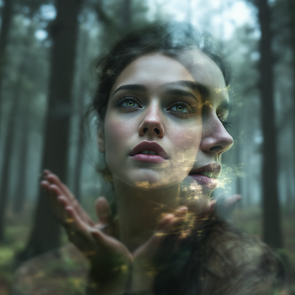 A serene woman stands in a misty forest, her expression contemplative. Her face subtly merges with ethereal light, symbolizing the courage to reveal one's true self amidst fear.