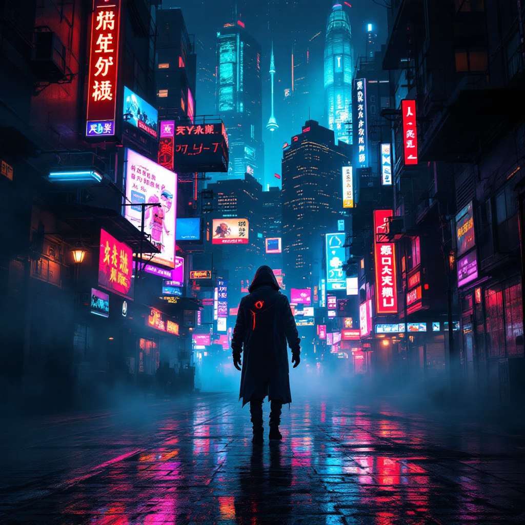 A solitary figure in a dark coat stands in a neon-lit urban landscape, surrounded by vibrant signs and a misty atmosphere, evoking the mystery of human connection and individuality.