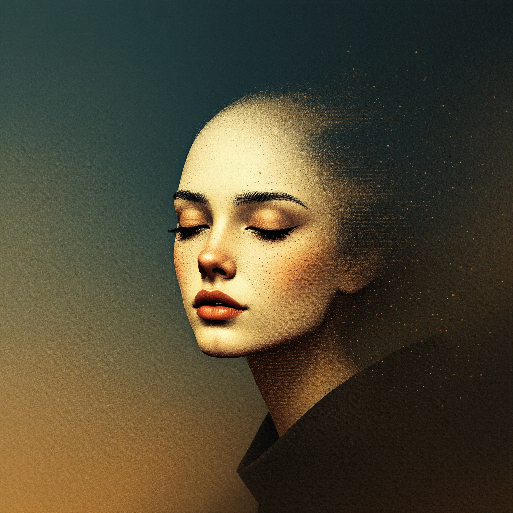 A serene portrait of a woman with closed eyes, exuding calm confidence. The soft background blends warm hues, reflecting the essence of being true to oneself.