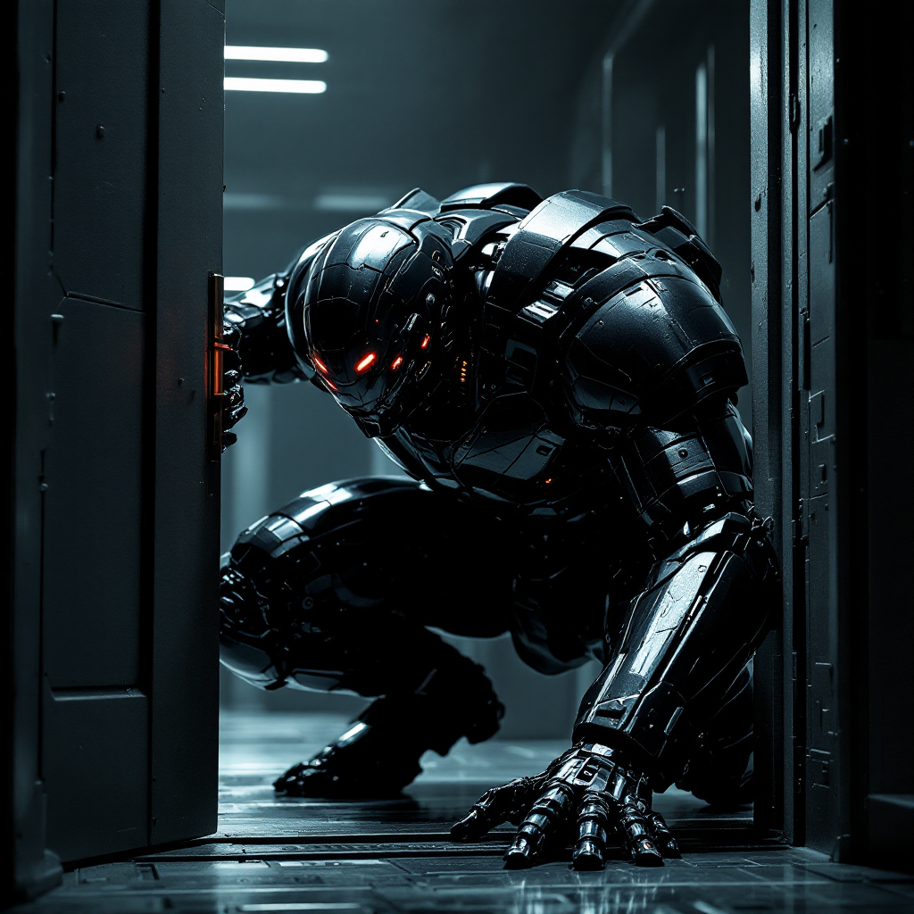 A massive gloss black armored mechanoid crouches in a narrow corridor, its glowing red eyes peering into a room, resembling a walking armored limousine.