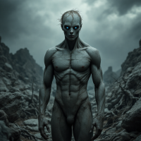 A surreal figure with pale skin and glowing blue eyes stands in a desolate, rocky landscape under an ominous sky, embodying the idea of isolation and inner thought.