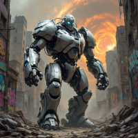 A towering robot stands in a chaotic, graffiti-covered urban landscape, symbolizing the beauty of disorder against a backdrop of swirling orange skies, echoing the quote about chaos and tyranny.