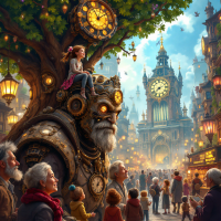 A whimsical scene featuring a giant mechanical figure with glowing eyes, a young girl sitting on its shoulder, surrounded by a bustling crowd under a clock-laden tree, embodying human connection and joy.