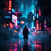 A solitary figure in a dark coat stands in a neon-lit urban landscape, surrounded by vibrant signs and a misty atmosphere, evoking the mystery of human connection and individuality.