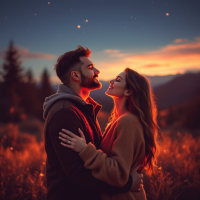 A couple embraces during sunset, surrounded by nature, embodying the idea that there's no perfect relationship, just the right person for each other.