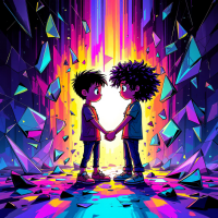 Two children stand holding hands in a vibrant, colorful scene filled with shards of glass, symbolizing the fragility and repairability of friendships. Light radiates behind them.