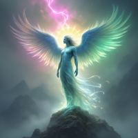 A luminous figure with radiant wings stands atop a rocky peak, surrounded by a stormy sky and vibrant lightning, embodying the solitude of divine transcendence.